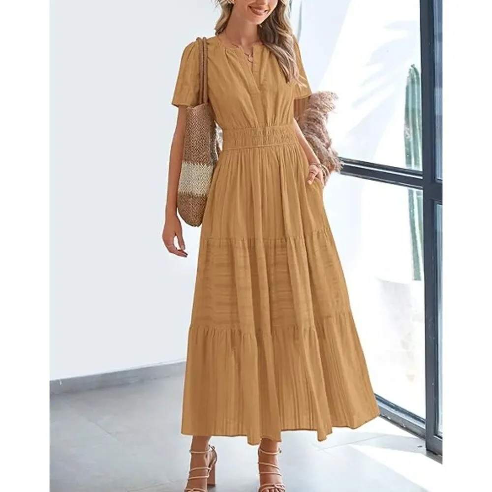 Women's Khaki V Neck Short Sleeve A Line Summer Casual Maxi Dress Pockets